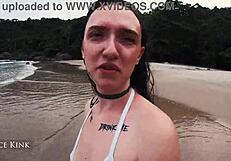 alice kink flashes her skinny body stripping micro bikini on public beach