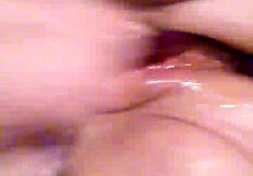 watch in slow motion as wife spreads shaved big pussy lips and plunges toy deep into dripping squirting hole up close