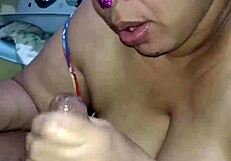 bbw latina gags on huge cock deepthroat choking handjob until cumshot facial swallow