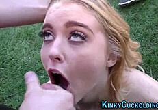 Poor teen watches blonde take monster cocks in outdoor interracial 3way