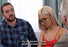 Daddy watches old man's shaved pussy fuck son's thieving girlfriend