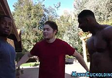 Poor teen watches blonde take monster cocks in outdoor interracial 3way