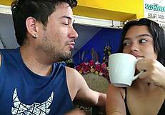 Petite brunette babe's post-party talk turns into hardcore bedroom fuck