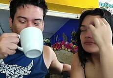 Petite brunette babe's post-party talk turns into hardcore bedroom fuck