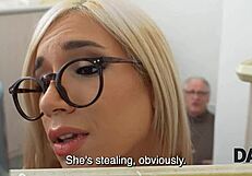 Daddy watches old man's shaved pussy fuck son's thieving girlfriend