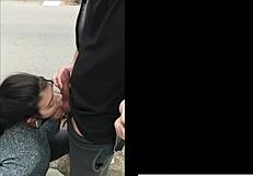 Amateur Brunette Sucking Cock Sloppy In Public Outdoors!