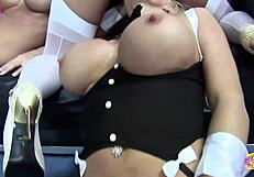 Backstage strip club four blondes and brunettes rip clothes finger pussies and bang hard