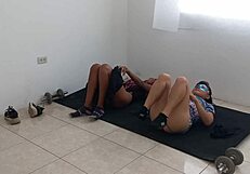 Latin stepsisters twist acrobatically flashing wet vaginas and sensual asses teasingly