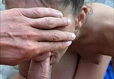 Teen model drops to knees for risky BEACH BLOWJOB swallowing sloppy cum