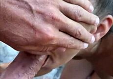 Teen model drops to knees for risky BEACH BLOWJOB swallowing sloppy cum