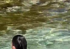 Teen model drops to knees for risky BEACH BLOWJOB swallowing sloppy cum