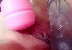 oh fuck, my swollen big pussy throbs as fat dildo and massager make me cum hard!