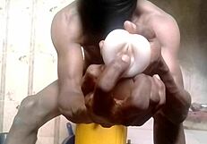Creampie floods vagina from brutal doggystyle toy banging