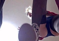 curvy 18+ teen elza kom with braces gags on dildo in cage heels