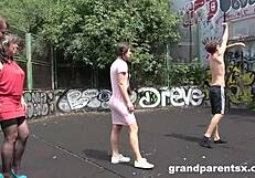 Grandparents pick up horny teen 18+ for basketball court blowjob fingering group fuck