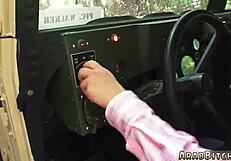 Sexy brunette army teen strips uniform for hardcore outdoor threesome group fuck!