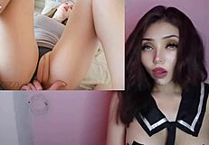 Horny Latina babe masturbates big natural tits to orgasm before work