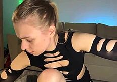 Blonde fingers shaved pussy in sexy costume