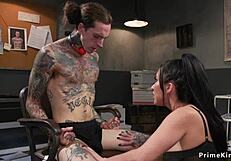 busty alt femdom straps on for inked man's anal destruction