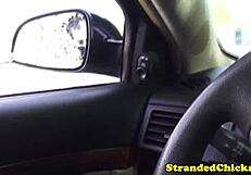 the hitchhiking brunette teen climbs in and ends up riding cock pov in the car outdoors