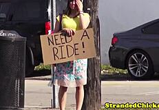 the hitchhiking brunette teen climbs in and ends up riding cock pov in the car outdoors