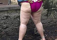 Fat BBW squirts and pisses close-up from juicy wet pussy flashing huge ass public