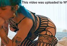 Goth babe's black lingerie hides big tits for quick suck fuck reveal