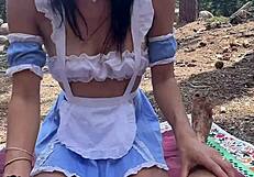 My girlfriend as alice in wonderland bunny cosplay sucks cock deepthroat then fucked outdoors