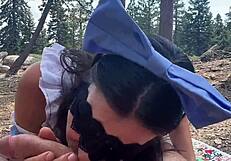 My girlfriend as alice in wonderland bunny cosplay sucks cock deepthroat then fucked outdoors