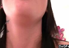 Dagfs Brunette Teen Girlfriend Licks Tattooed BF Dildo on Sofa