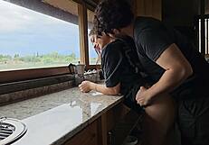 Latina couple fucks lover deep on mountain creampie finish
