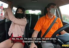 why does this hot asian babe bend over in the car to suck my burning cock cowgirl style pov reality driving school interracial fun?