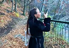 laura quest rips clothes in mountain kitchen striptease flashing tanned tits outdoors