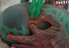 Heavily Tattooed Horny Girl Fingers Shaved Pussy Then Fucks Big Toy