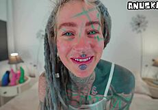 Heavily Tattooed Horny Girl Fingers Shaved Pussy Then Fucks Big Toy