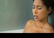 czech brunette babe with big natural tits fingers pussy in steamy bath