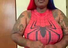 spider girl shabrim's cosplay con striptease rips clothes bare