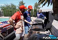 Stepmom passes out watching stepdaughter fuck husband and stepson.