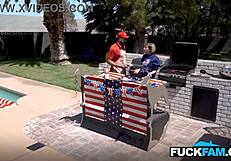 Stepmom passes out watching stepdaughter fuck husband and stepson.