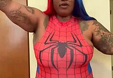 spider girl shabrim's cosplay con striptease rips clothes bare