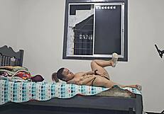 Fat wife masturbates juicy pussy for lover as cuck husband watches window