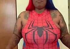 spider girl shabrim's cosplay con striptease rips clothes bare
