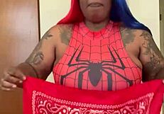 spider girl shabrim's cosplay con striptease rips clothes bare