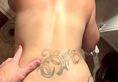 petite hooker rides cock cowgirl in bathroom then takes cumshot on bubble butt ass