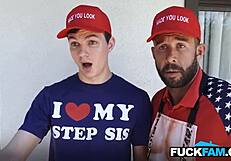 Stepmom passes out watching stepdaughter fuck husband and stepson.
