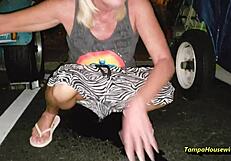 Pee queen milf in heels outdoors shaved pussy golden shower closeup