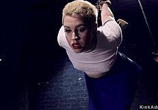 blonde slave bound in gas mask endures choking whips and rough gagging torment