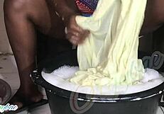 WOW MILF Housewife's Shaved Pussy Flashes During Weekend Laundry Chores