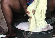 WOW MILF Housewife's Shaved Pussy Flashes During Weekend Laundry Chores