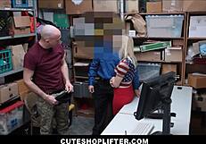 A cute teen shoplifter gets taken by the officer while her boyfriend watches